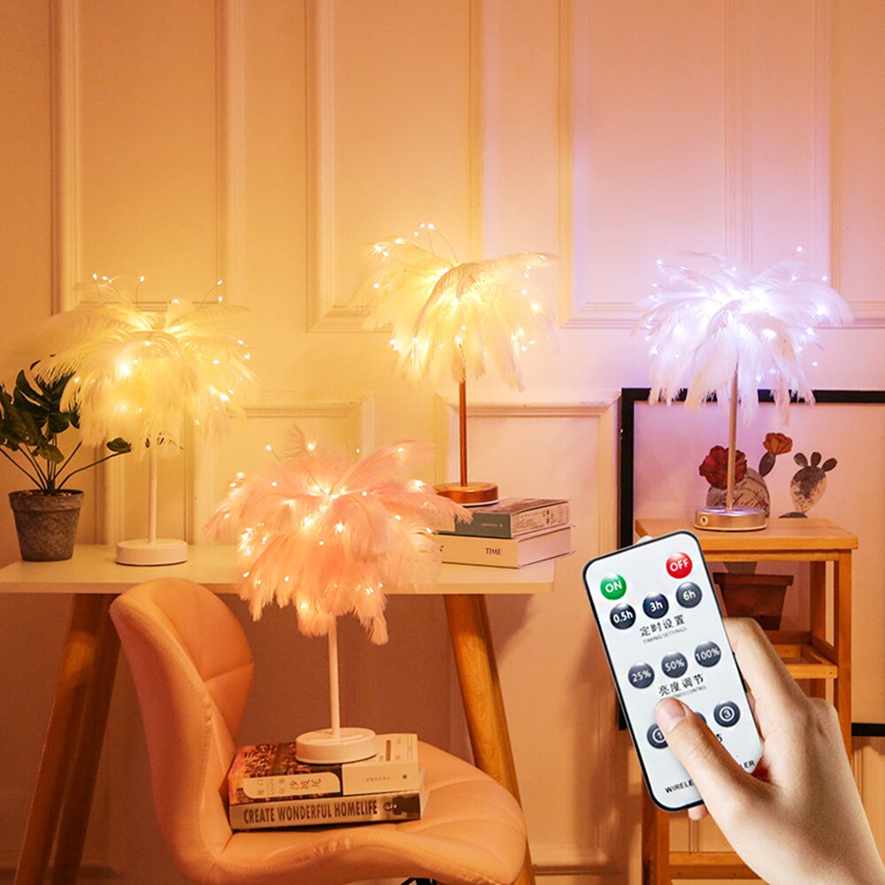 LED 깃털 야간 조명, 배터리/USB 분위기 테이블 램프, 원격 제어 패어리 라이트, 홈 침실 파티 웨딩 크리스마스 장식